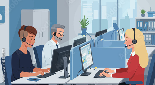 Professional customer service team working in call center with headsets and computers