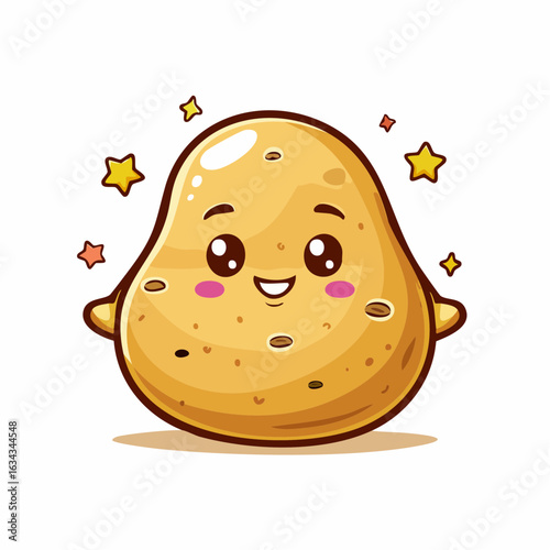 Adorable Potato Cartoon Character radiating happiness with stars and sparkling aura