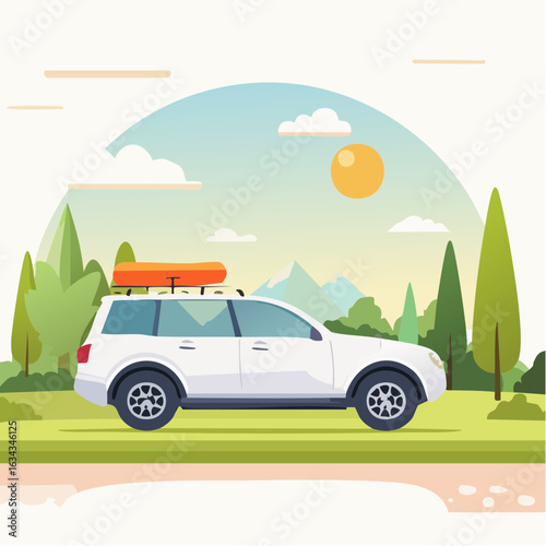 Illustration of a white SUV car parked outdoors with nature background during a sunny day