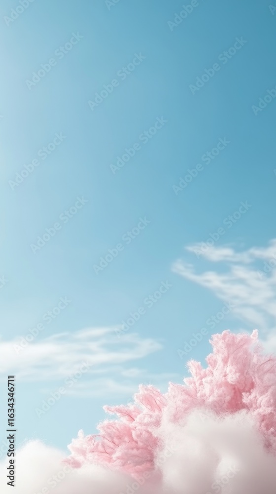 Fototapeta premium Soft Pink Clouds Adrift in a Tranquil Blue Sky, Evoking Serenity and Whimsy. Ideal for Dreamy Backgrounds and Gentle Aesthetics.