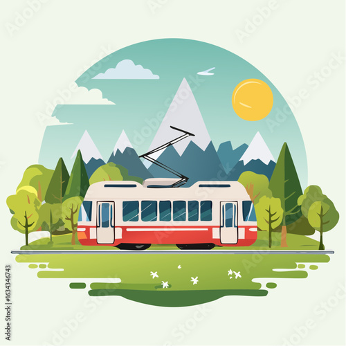 Scenic Tram Journey: A vibrant illustration of a tram against a mountainous landscape