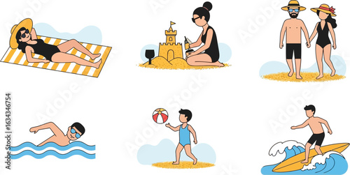 Various summer beach activities including sunbathing swimming sandcastles surfing and beach walks shown
