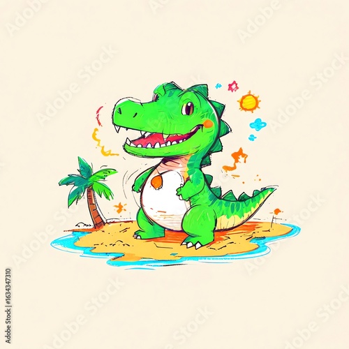 Adorable Green Dinosaur on Tropical Beach
