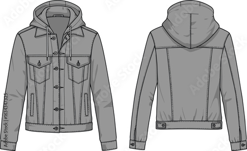 Stylish denim jacket with hood, front and back view, detailed cad drawing, flat vector illustration, fashion design, apparel template