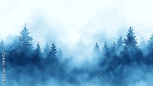Misty blue forest scene with tall evergreen trees.