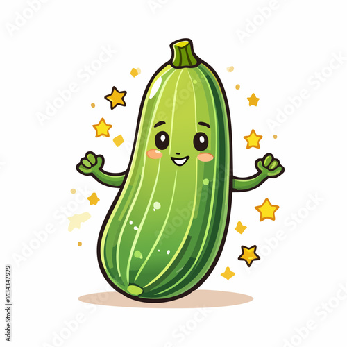 Adorable Zucchini Cartoon Character with Sparkling Stars Displaying a Cheerful Expression