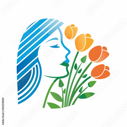 Woman smelling orange flowers with blue hair and green leaves,  International Women's Day  