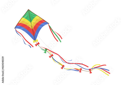 Bilde på lerret Isolated Colorful Diamond Kite Flying with Ribbons in a Breezy Sky