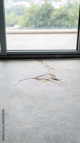 Detail of a severe crack in a grey concrete floor  revealing structural damage near a large window. An urban decay texture  needing urgent repair.
