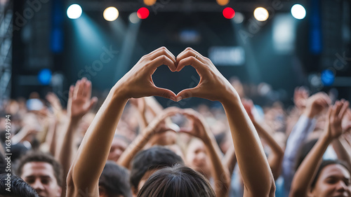Crowd forms hearts with hands, united in celebration.
