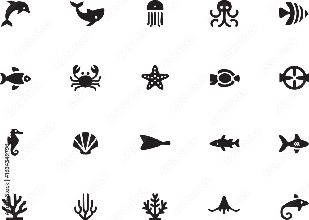 Fototapeta premium Ocean life vector icon set solid style dolphin,shark,jellyfish,octopus,fish,crab,starfish,seahorse,shell,coral