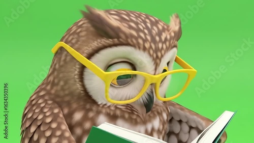 Owl character reading a book against green background for educational purposes