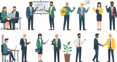 Diverse group of business professionals in various poses and activities on a white background vector image