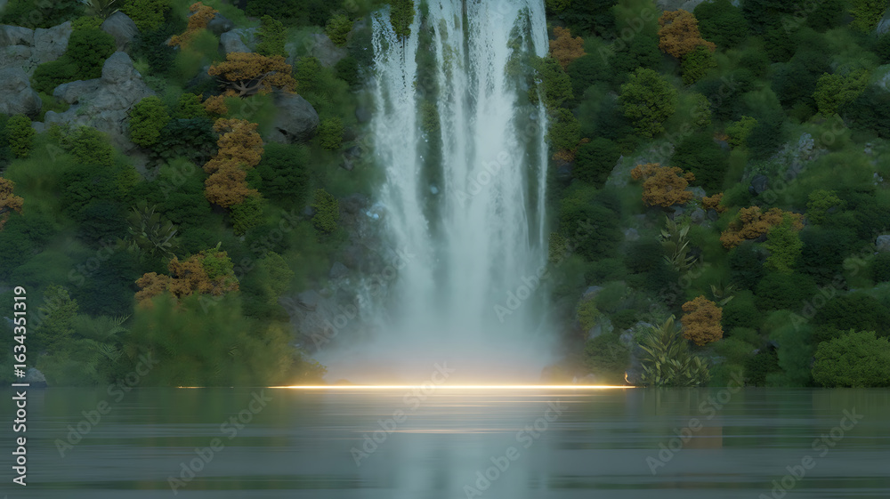 Obraz premium Majestic waterfall cascading into a tranquil lake. 