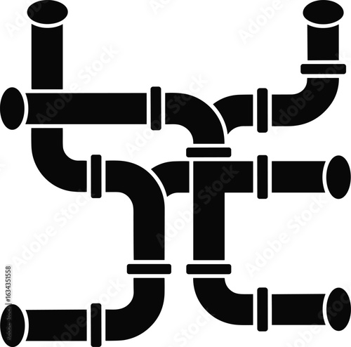 Abstract black pipe network, industrial plumbing system illustration, interconnected pipeline design, water flow infrastructure concept, mechanical engineering schematic, 