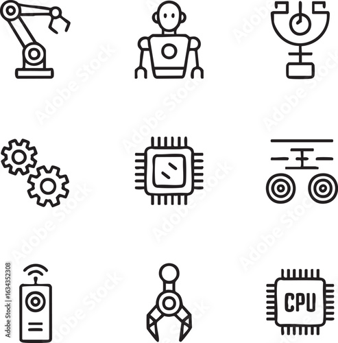 Robotics and automation vector icon set outline style,minimalist robot,cpu,robotic arm,gears,rover,sensor,remote control,robot gripper,microchip