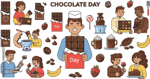 Celebrating chocolate day with various treats and happy people enjoying the delicious desserts and sweets