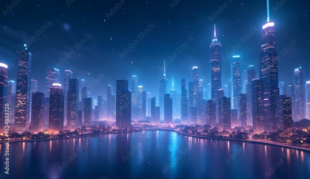 Fototapeta premium Futuristic Cityscape at Night with Illuminated Skyscrapers and Water Reflections