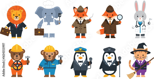 Cartoon animals dressed in various professions including detective doctor and construction worker