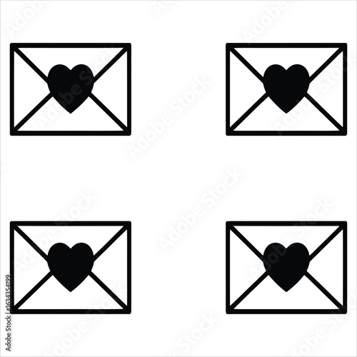 Set of four black and white love letter icons with heart symbols. Romantic correspondence and communication concept.