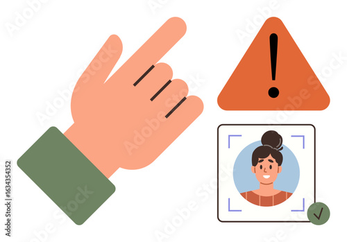 Hand pointing towards a warning sign with exclamation mark near a face recognition frame. Ideal for security, authentication, verification, caution, technology, risk prevention, personal