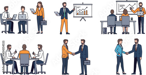 Various business scenarios depicted with meetings presentations and handshakes in a cartoon style