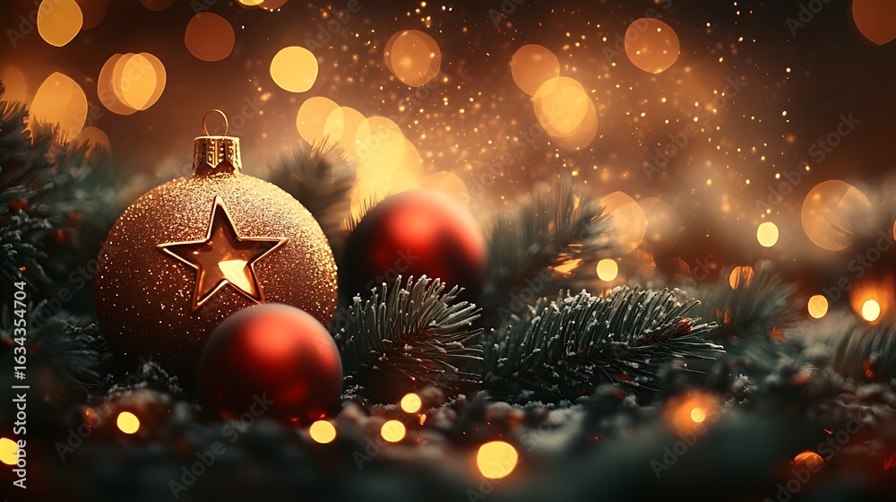 Fototapeta premium Festive christmas decorations with golden and red ornaments.