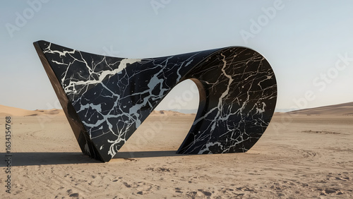 black marble sculpture in desert with white veining, outdoor art in desert