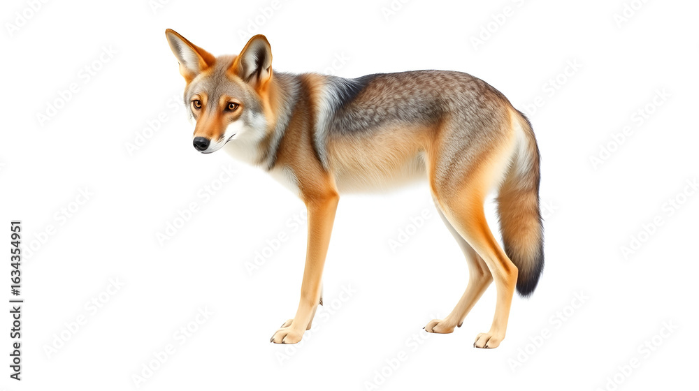Fototapeta premium A detailed full-body image of a coyote standing alert on a transparent, white background, ideal for clean PNG usage