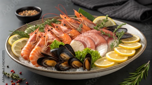 seafood on a platter in a restaurant setting