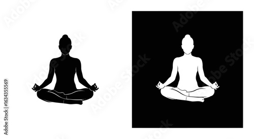 Silhouette of a person meditating in lotus position on white and black backgrounds