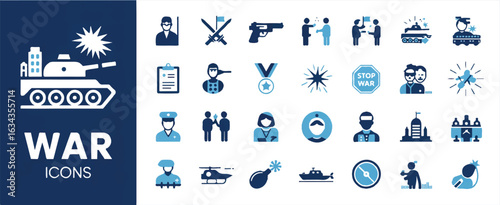 A set of 25 minimalist war and military icons arranged in a grid format against a white background.