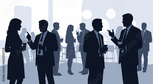 Silhouette of business professionals networking in a modern office setting with a cityscape background