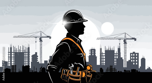 Silhouette of a construction worker in a hard hat with a cityscape and cranes at sunset