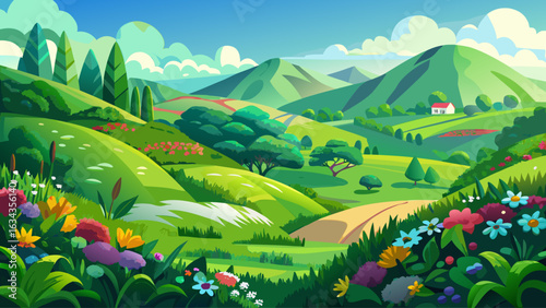 very Beautiful IGreen hills of flowers and flora landscape cut out  white isolated transparent overlay