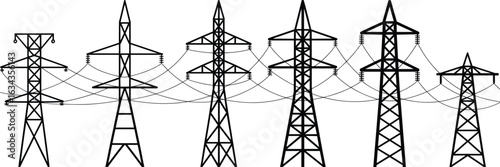 High voltage electricity transmission towers with power lines, energy infrastructure illustration, electric grid system silhouette, utility pole network vector.