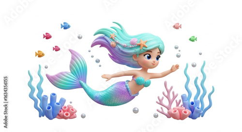 3D Illustration of a Cute Mermaid Swimming Underwater