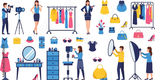 Illustration of fashion photoshoot with models clothing and accessories in a studio setting