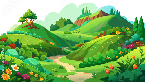 very Beautiful IGreen hills of flowers and flora landscape cut out  white isolated transparent overlay