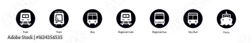public transportation icon, trail, bus , tram, ferry