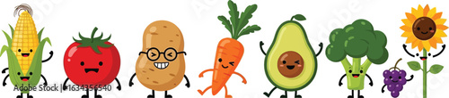 Cartoon vegetables and fruits standing in a row with happy faces on a white background illustration