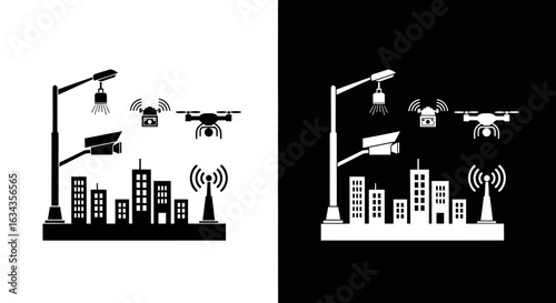 Cityscape graphic illustration with drones and streetlights in black and white