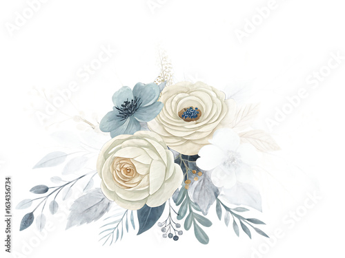 Elegant Floral Arrangement with White and Blue Flowers on Black Background Ideal for Wedding Invitations and Greeting Cards