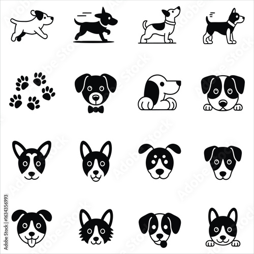 Vector set of dog icons. A collection of cute canine characters, puppy heads, and paw print symbols in a simple black and white style.