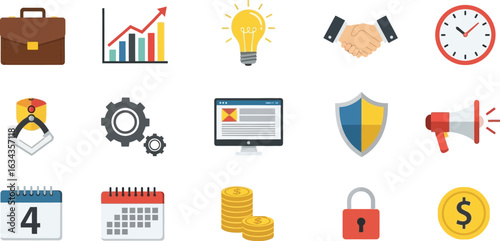 An assortment of business icons including a briefcase chart lightbulb and handshake displayed on white
