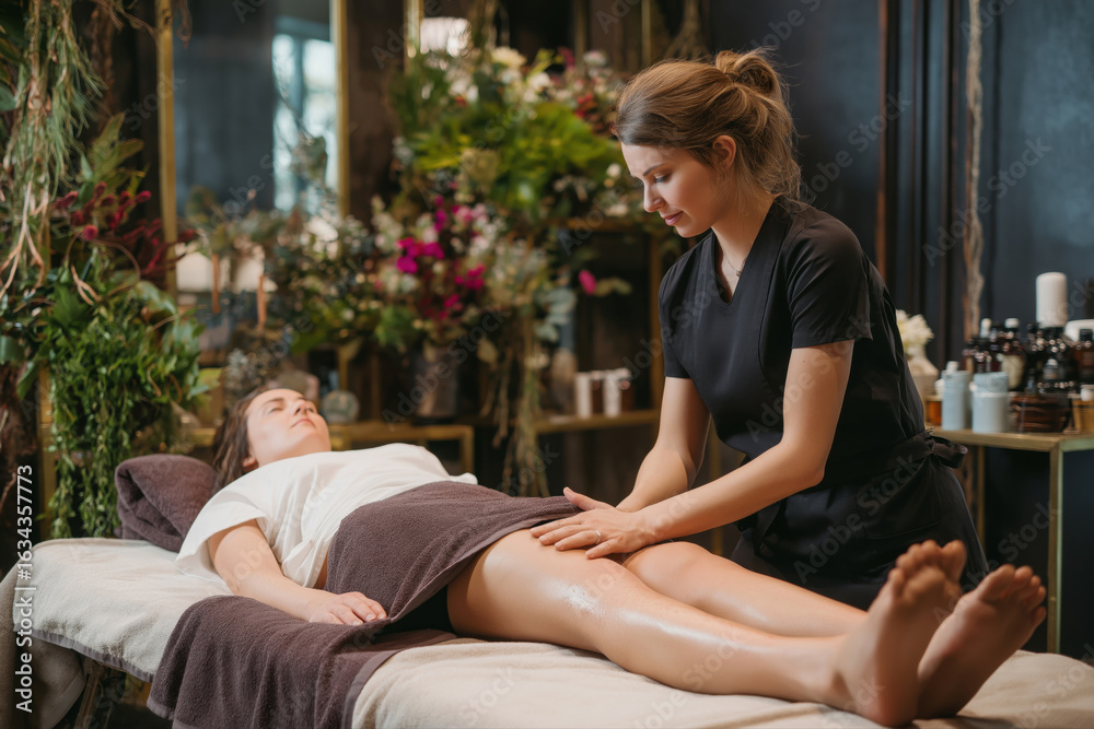 Obraz premium Skilled masseuse provides relaxing leg massage therapy in a tranquil spa environment.