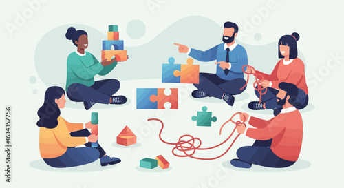 Diverse group of people collaborating, building blocks, and connecting puzzle pieces together to achieve a common goal.