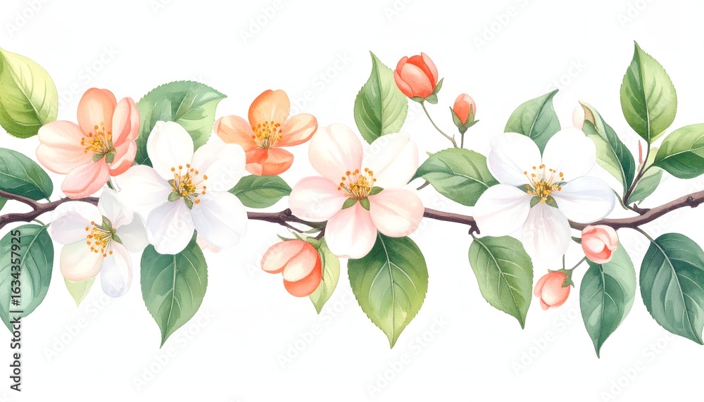 Naklejka premium A blooming branch with white-orange watercolor flowers