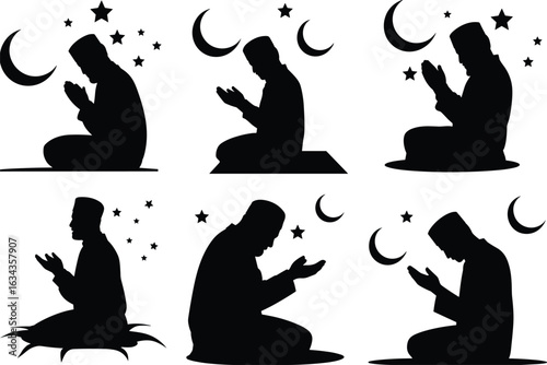 Islamic silhouettes of Muslim men praying with crescent moons and stars, spiritual worship illustration, religious devotion vector art