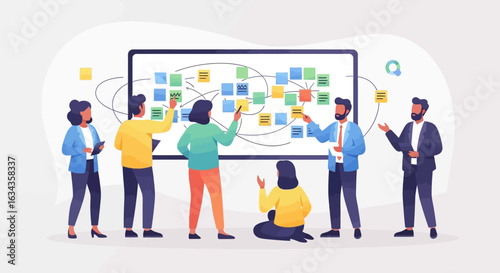 A group of diverse professionals brainstorm and collaborate using sticky notes on a large whiteboard, mapping out ideas and connections in a modern office setting.